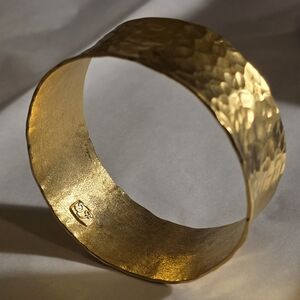 Vintage Hammered Gold-Tone Artisan Cuff Bracelet | Sculptural Wide Bangle | Sign